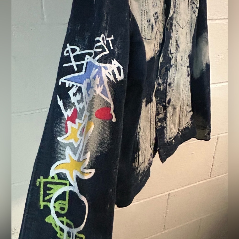 Hand Painted Graffiti Denim Jacket Streetwear Grunge One of a Kind M - Picture 7 of 10